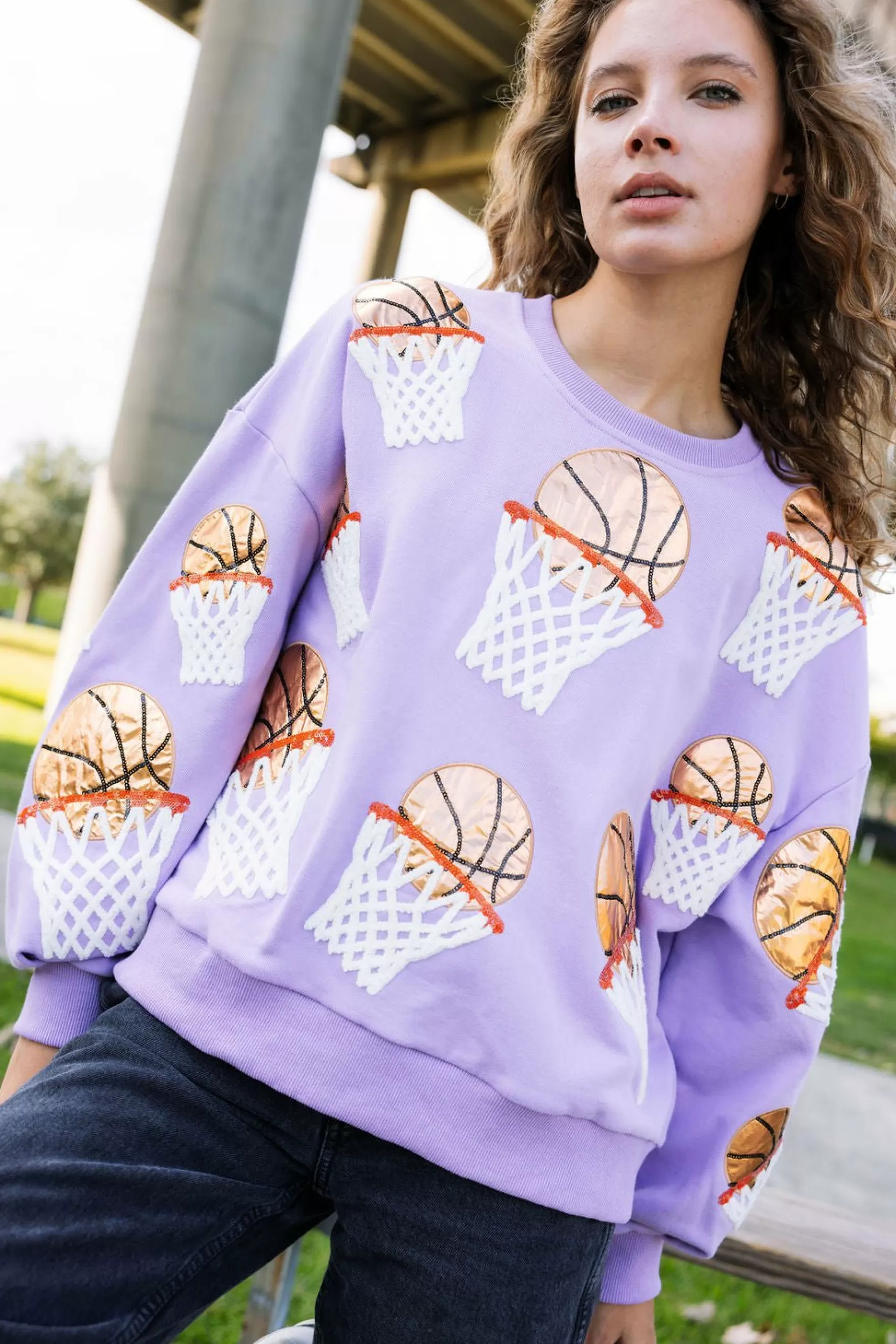 Queen Of Sparkles Basketball Hoop Sweatshirt Lavender | Womens