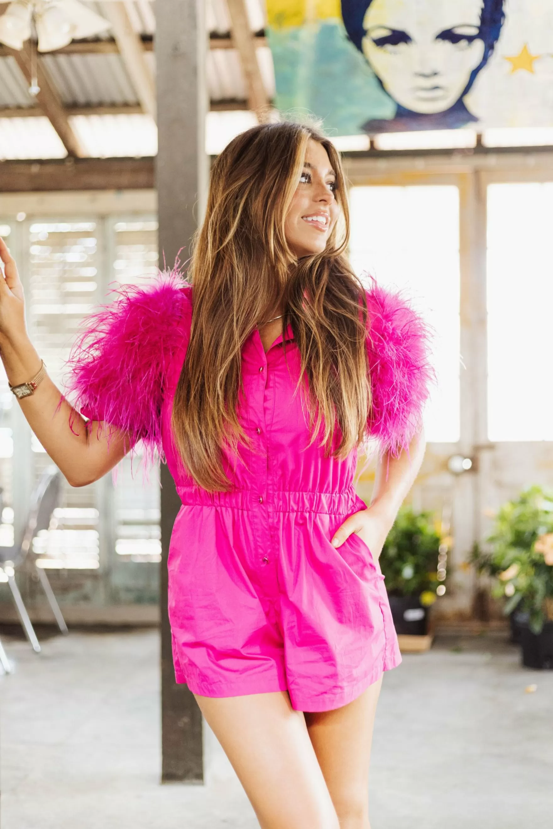 Queen Of Sparkles Feather Sleeve Romper Hot Pink | Womens