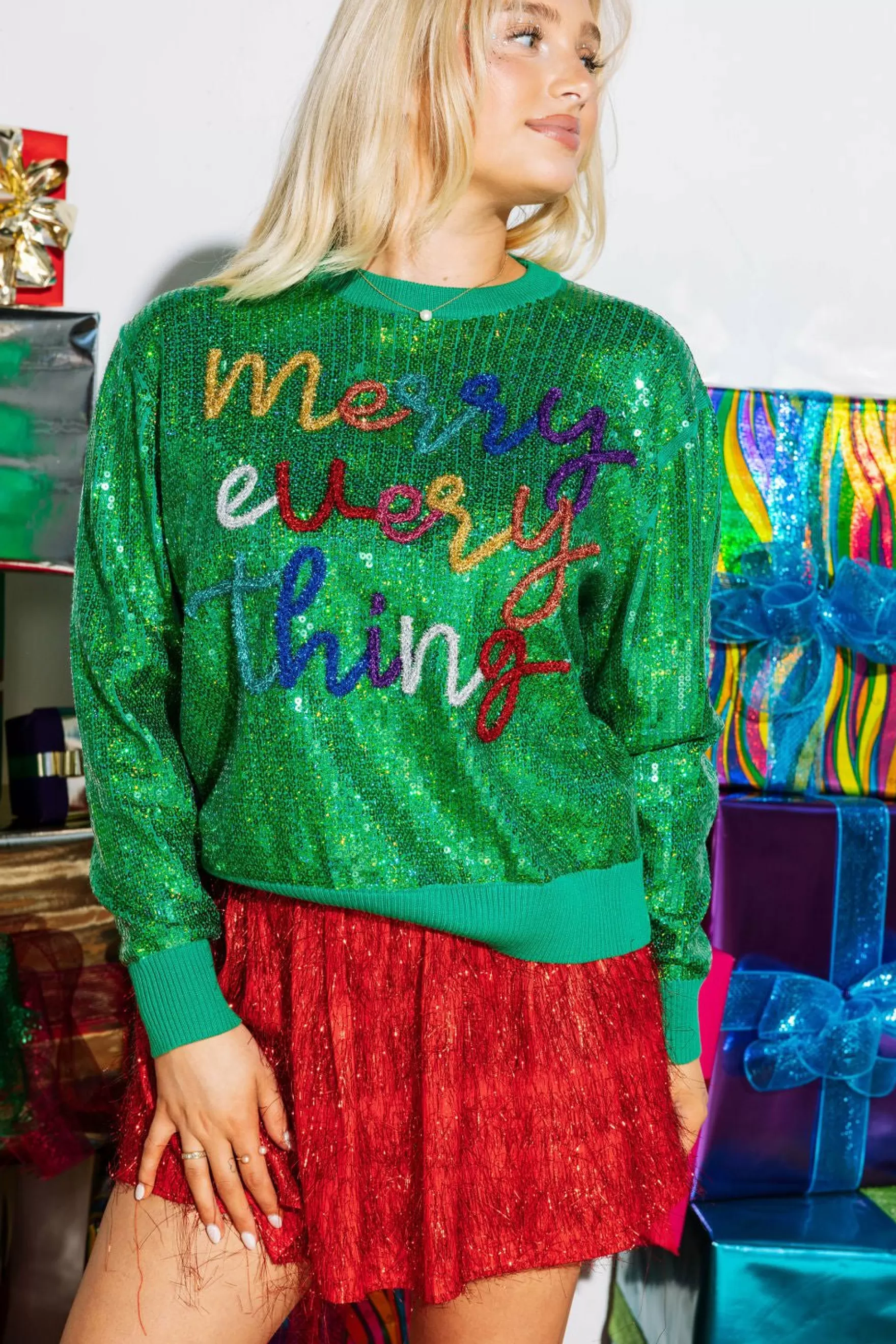 Queen Of Sparkles Full Sequin Merry Everything Sweater Green | Womens