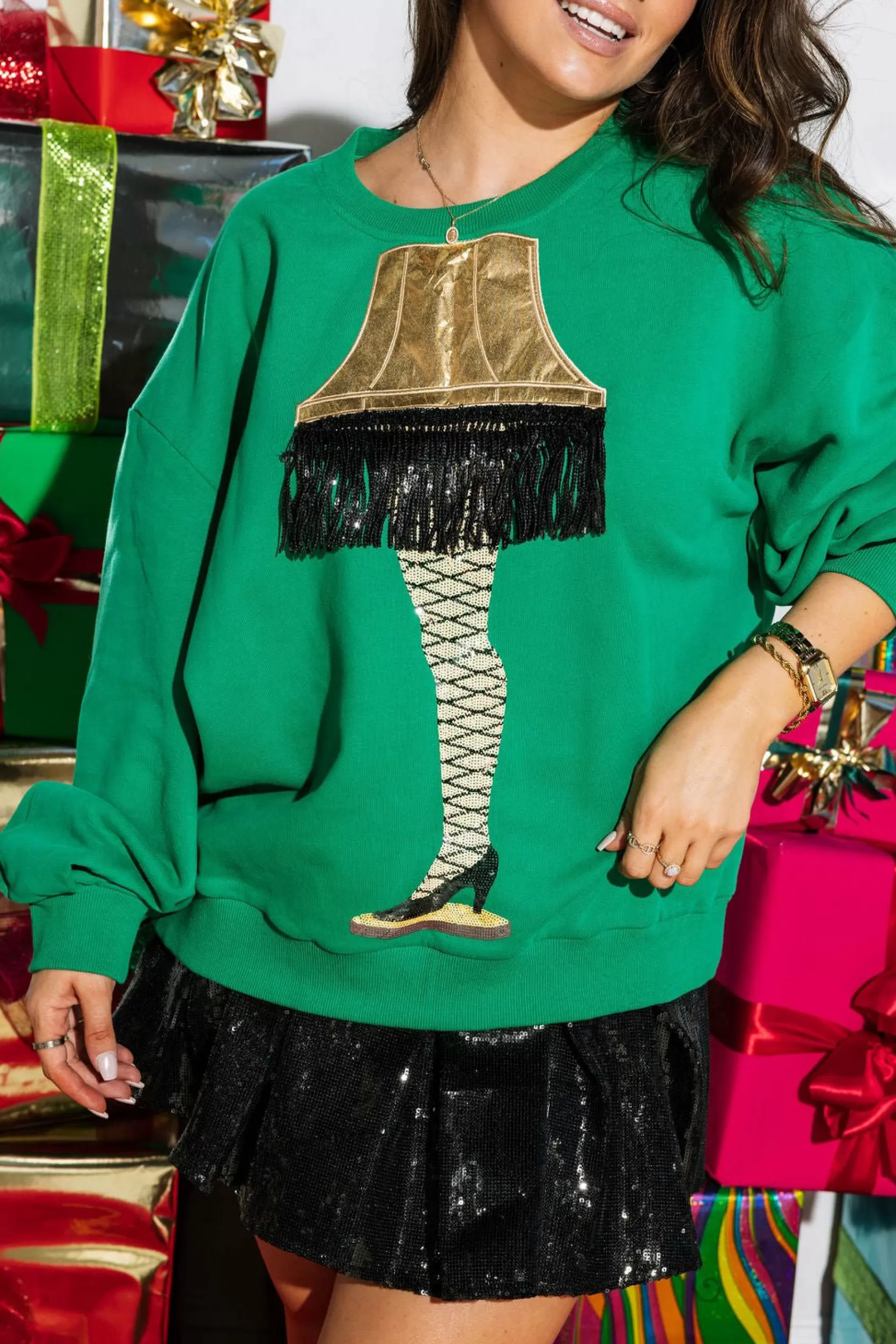 Queen Of Sparkles Leg Lamp Sweatshirt Green | Womens